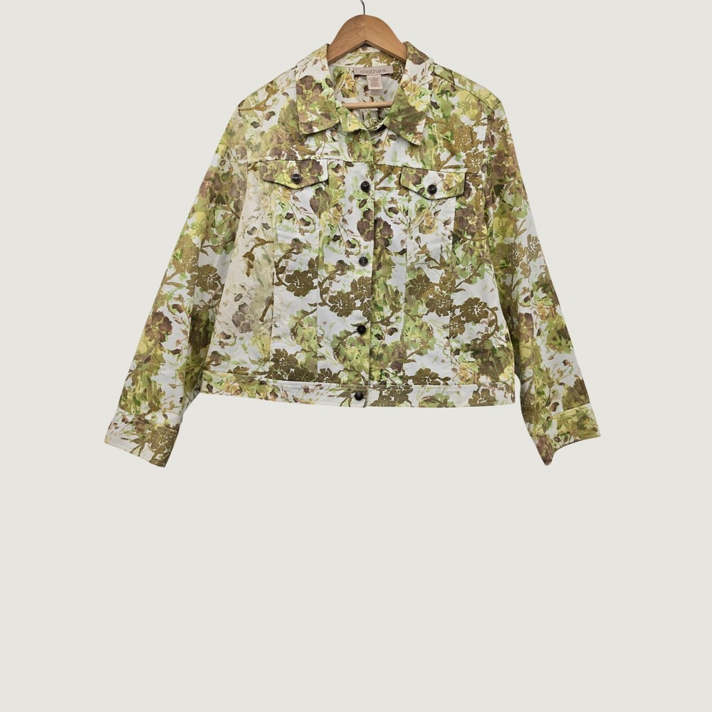c.l.o.t.h.e.s. Floral Metallic Gold Shimmer Trucker Jacket Green Brown XL XLARGE